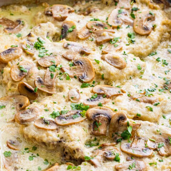 mushroom pork chops fresh out of the oven.