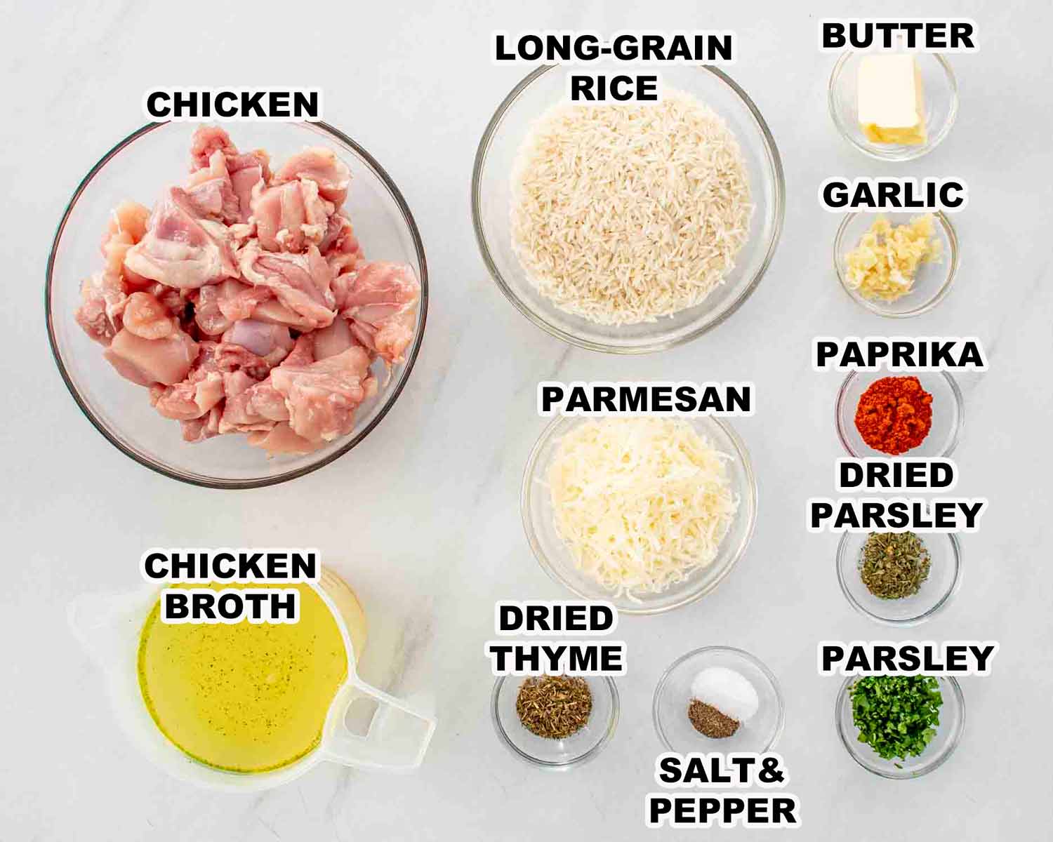 ingredients needed to make garlic butter chicken and rice.