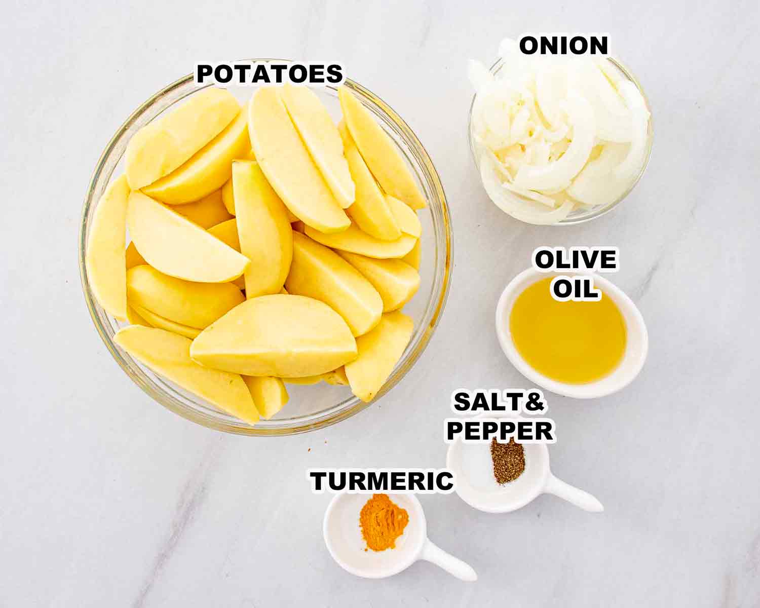 ingredients needed to make meatballs and potatoes.