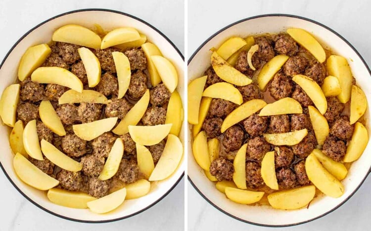 process shots showing how to make one pot meatballs and potatoes.