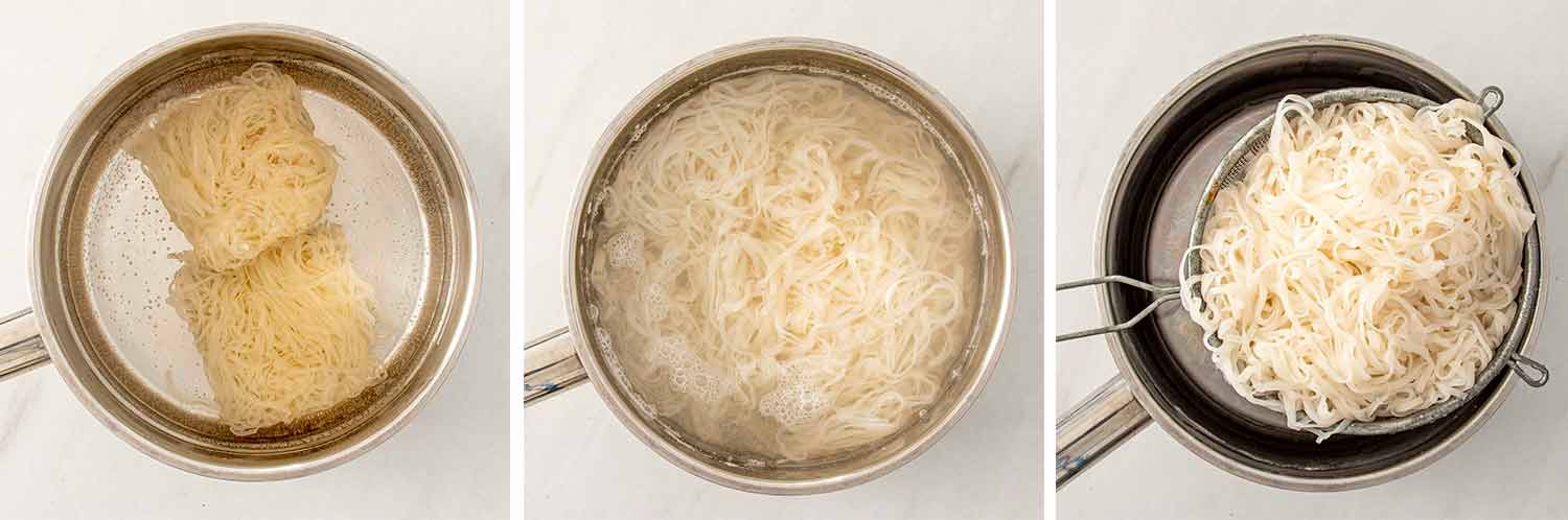 process shots showing how to make pad thai.