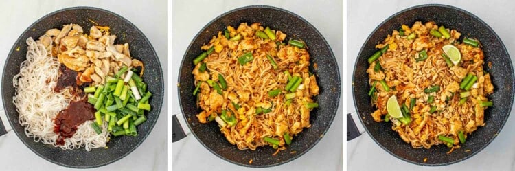 process shots showing how to make pad thai.