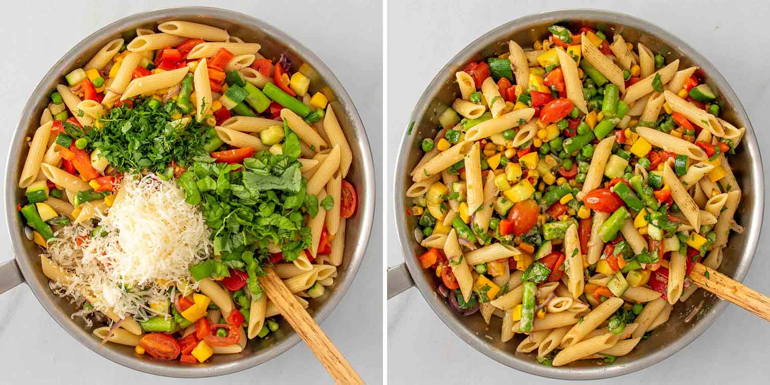 process shots showing how to make pasta primavera.