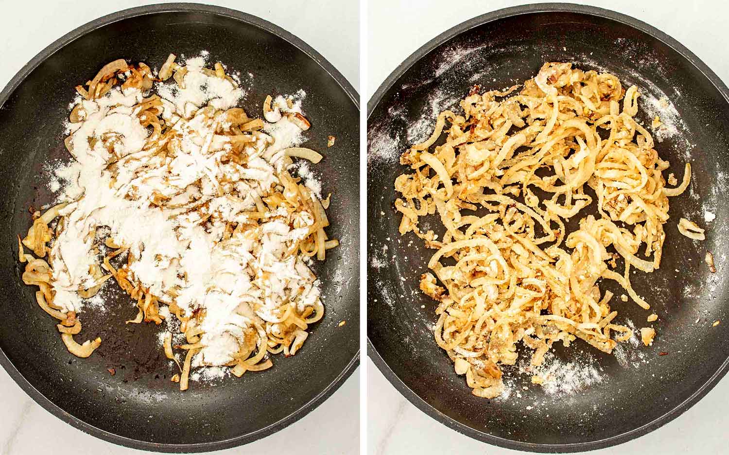 process shots showing how to make poor man's steak and onion gravy.