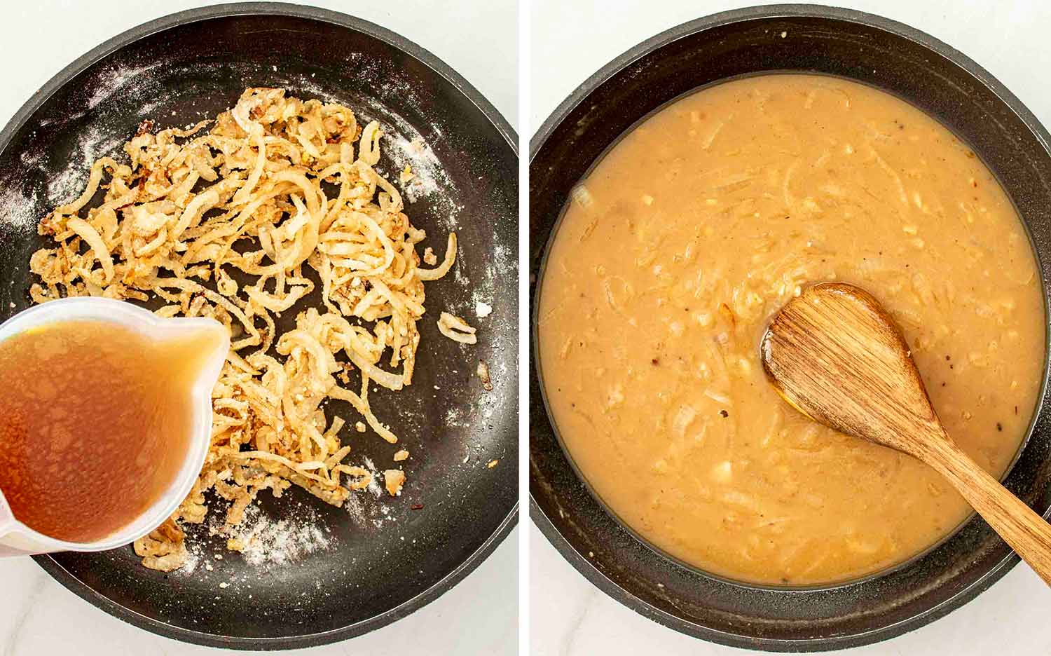 process shots showing how to make poor man's steak and onion gravy.