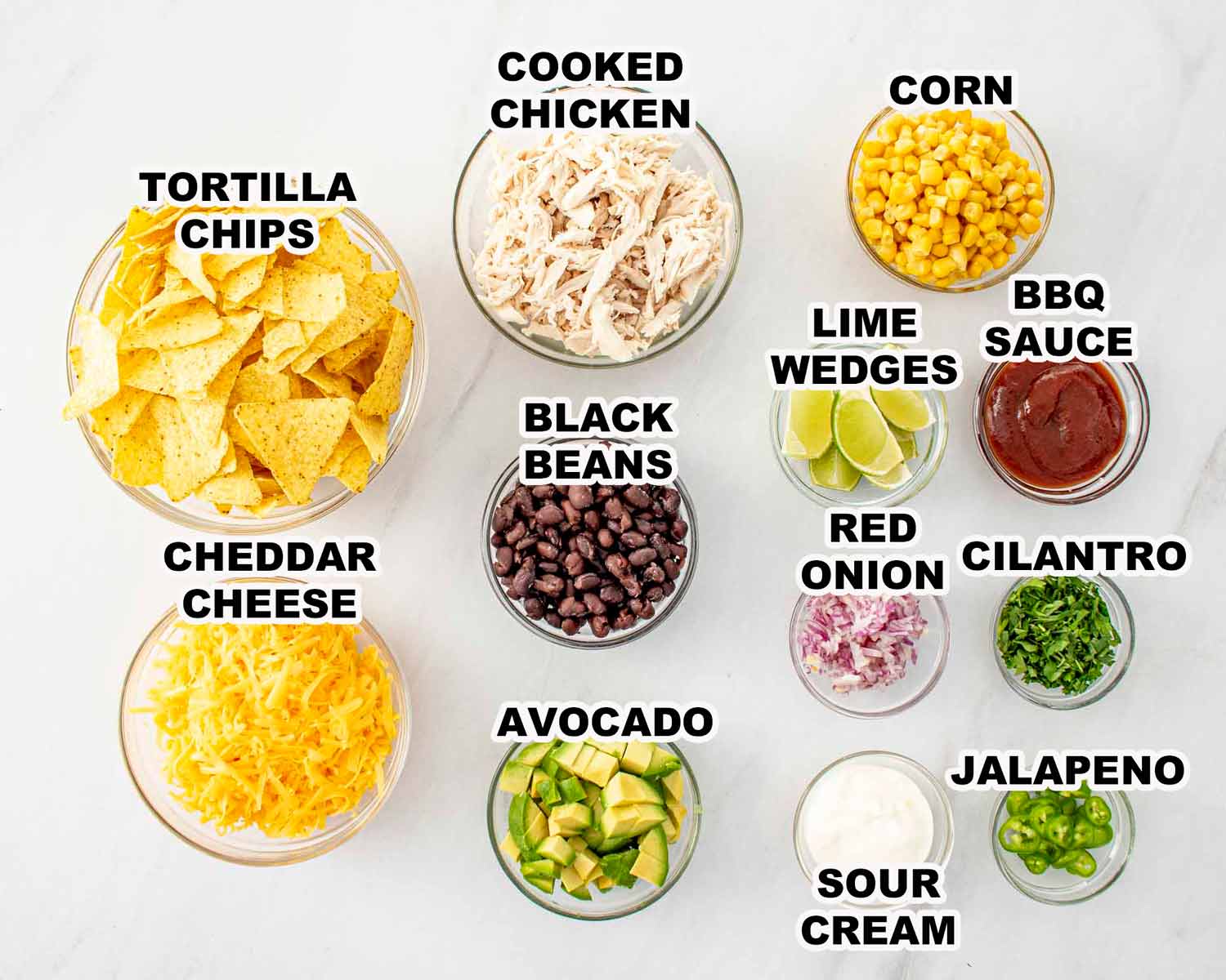 ingredients needed to make sheet pan bbq chicken nachos.