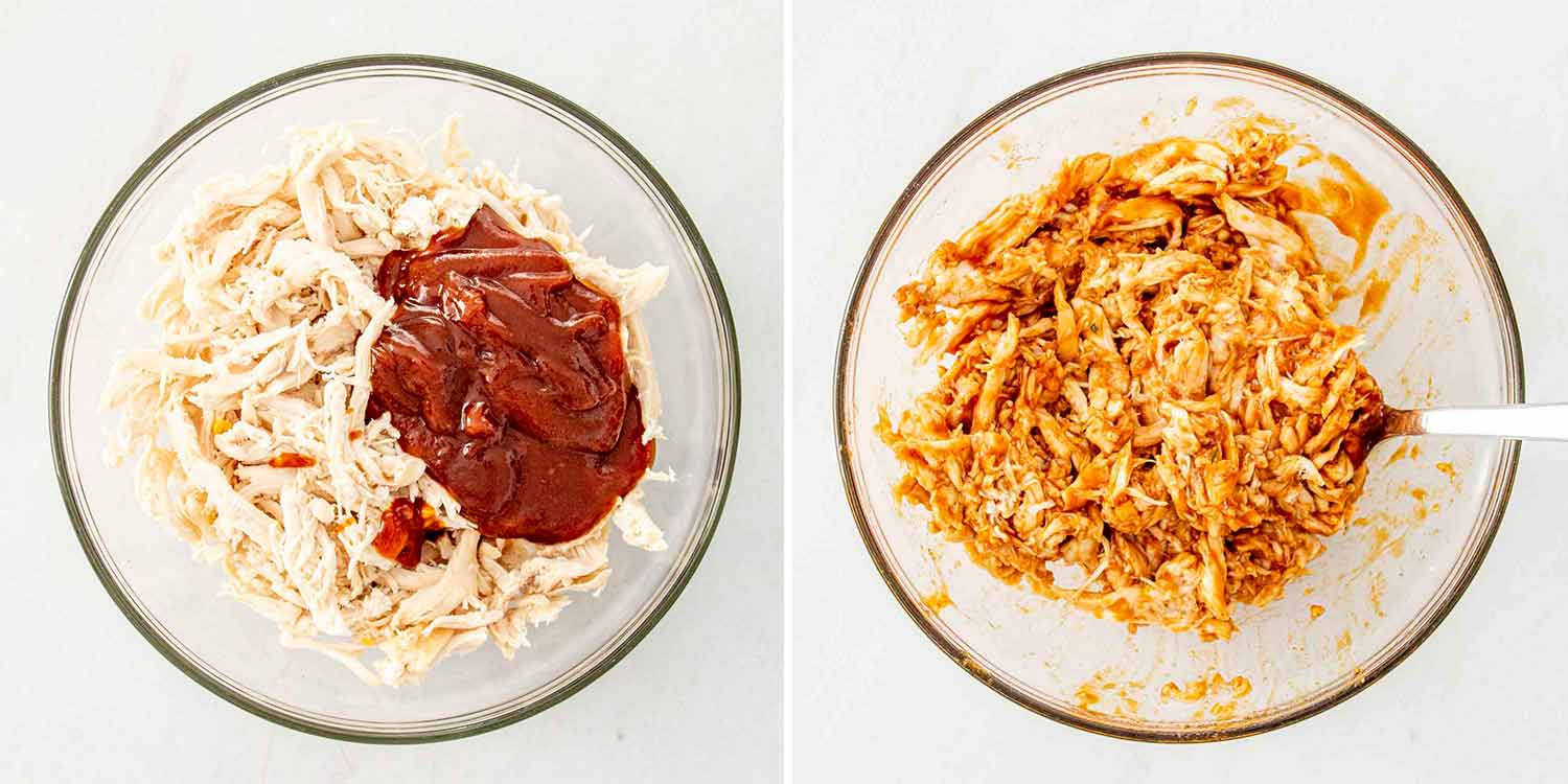 process shots showing how to make sheet pan bbq chicken nachos.