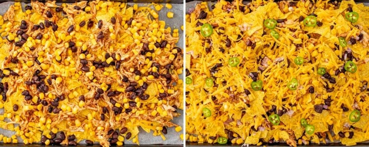 process shots showing how to make sheet pan bbq chicken nachos.