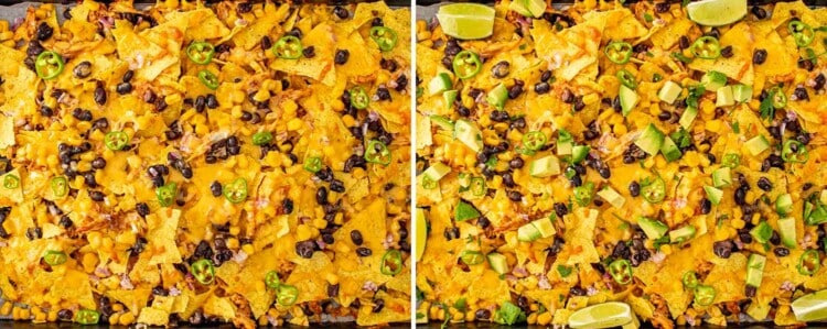 process shots showing how to make sheet pan bbq chicken nachos.