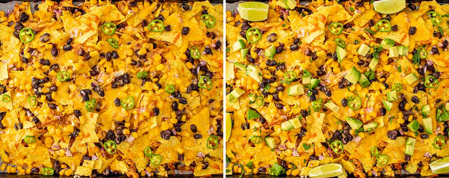 process shots showing how to make sheet pan bbq chicken nachos.