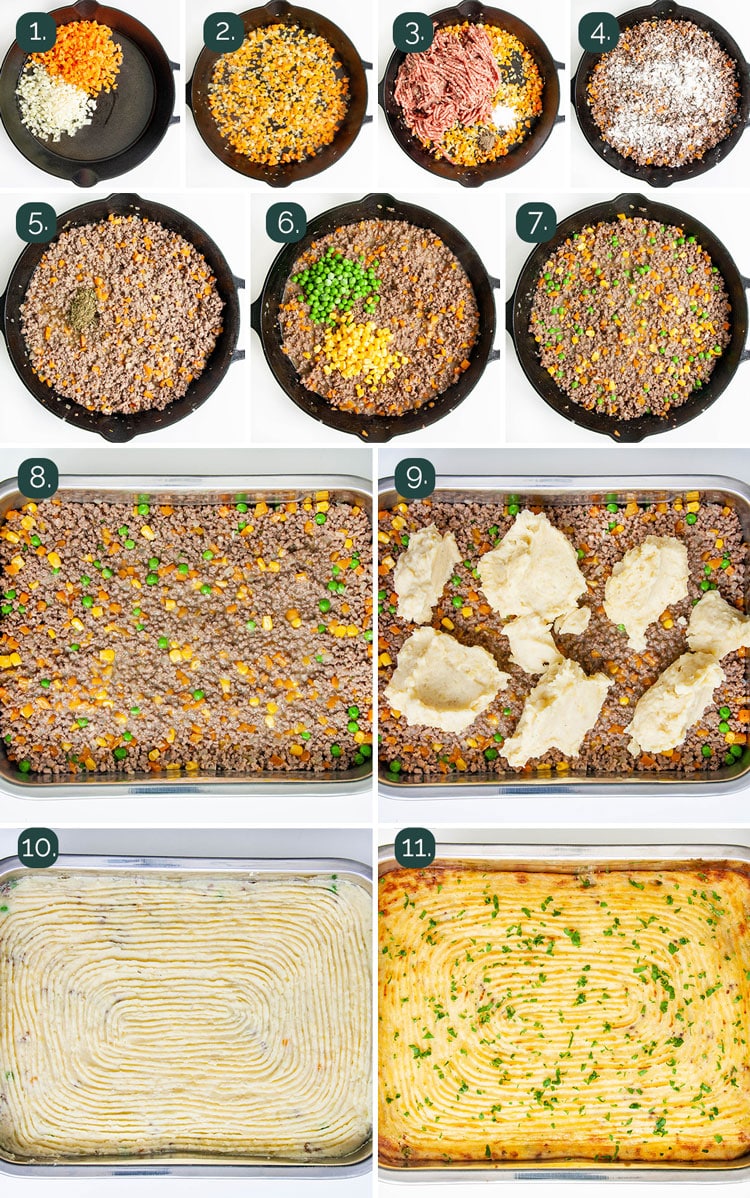 process shots showing how to make meat filling for shepherd's pie