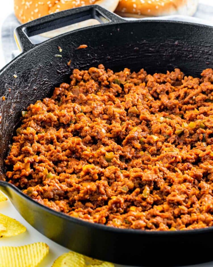 sloppy joe meat mixture in a black skillet