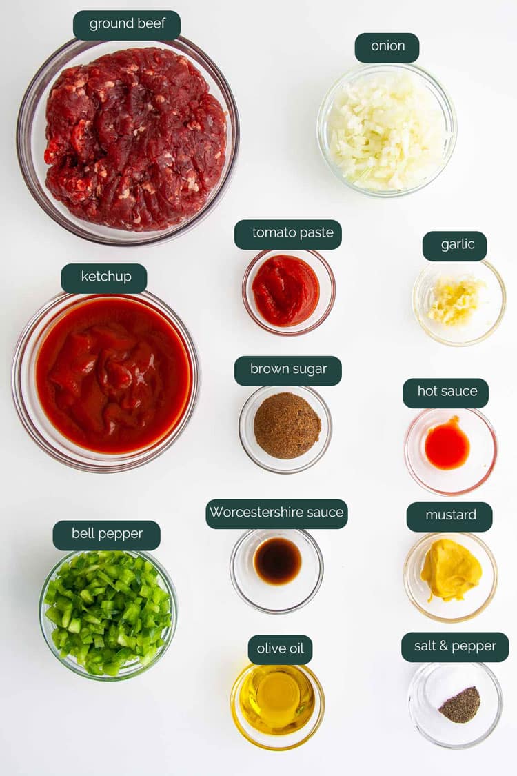 overhead shot of ingredients needed to make sloppy joes