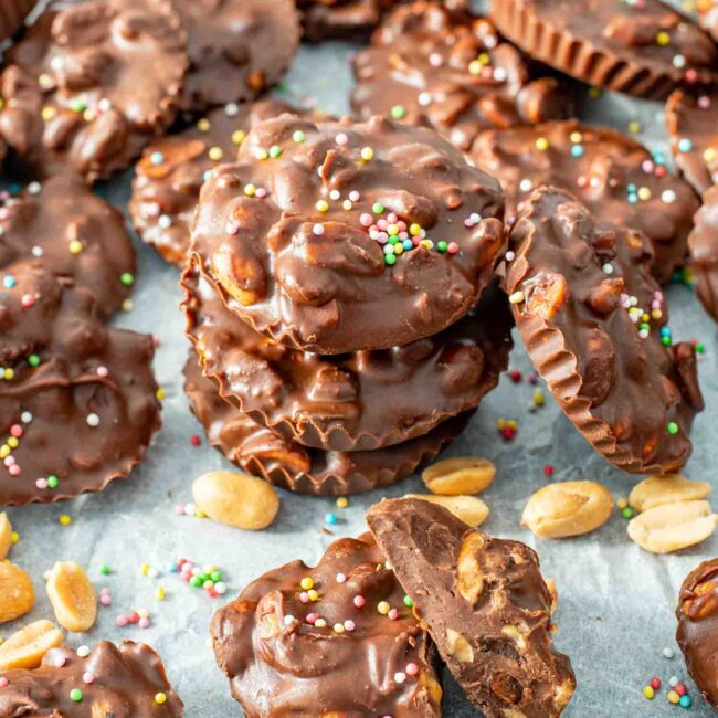 slow cooker chocolate candy on a piece of parchment paper.