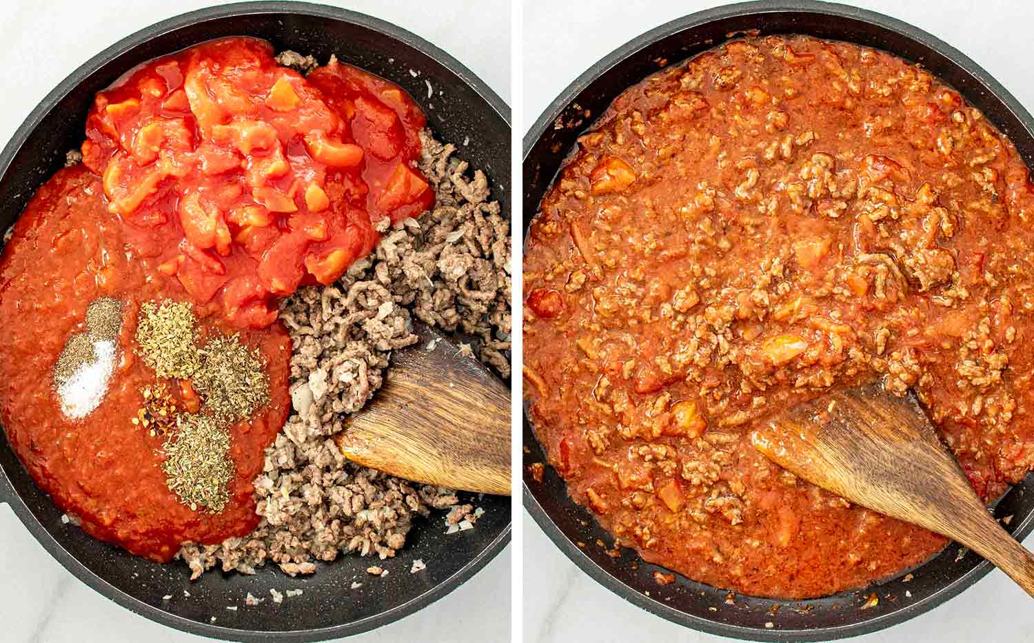 process shots showing how to make slow cooker lasagna.