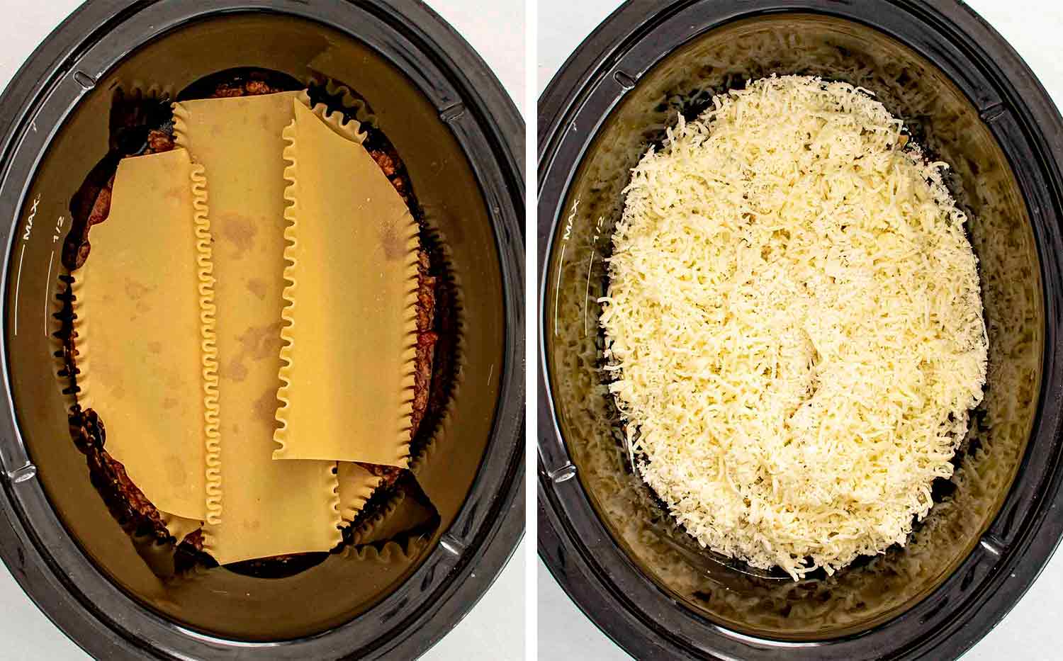 process shots showing how to make slow cooker lasagna.