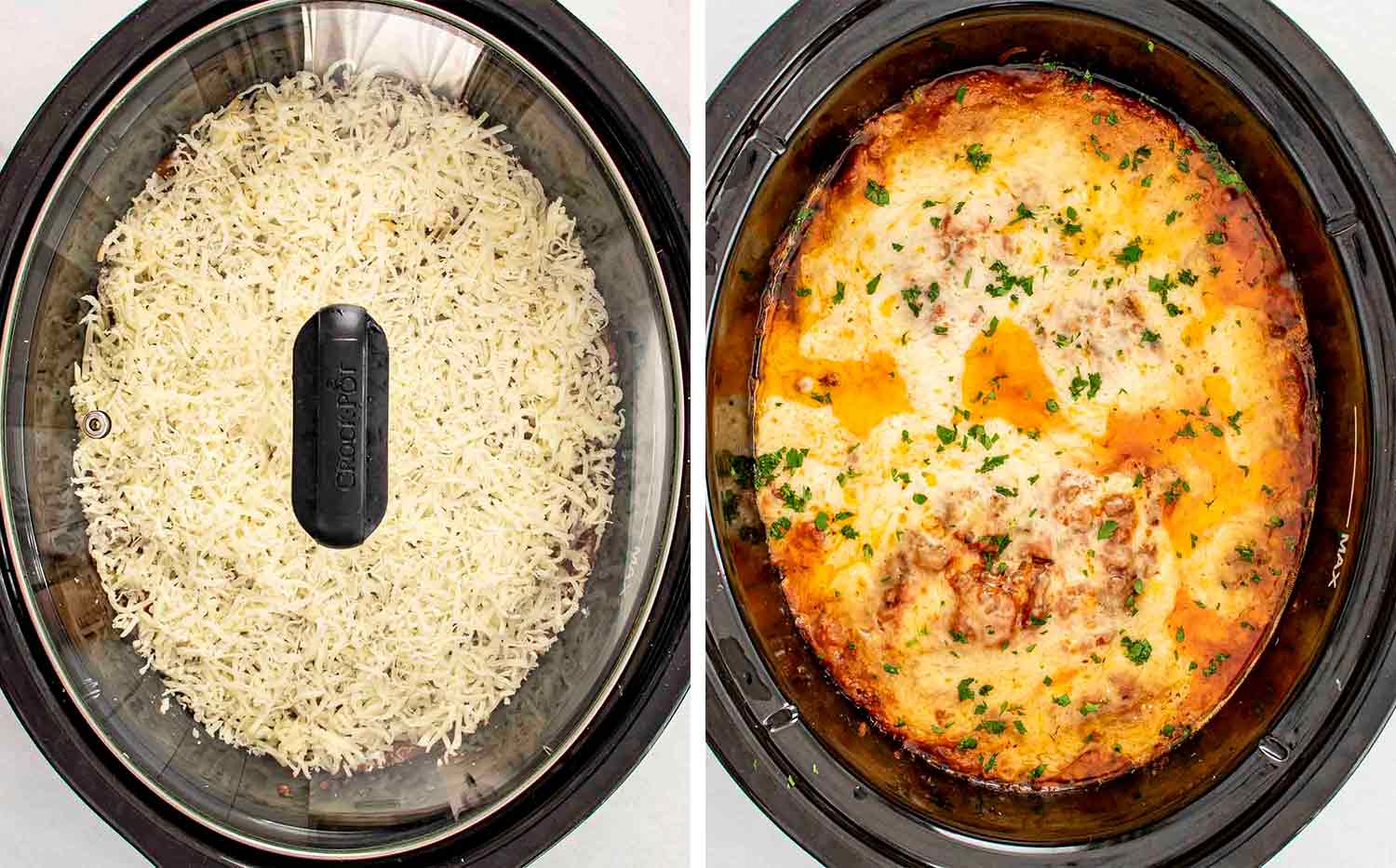 process shots showing how to make slow cooker lasagna.