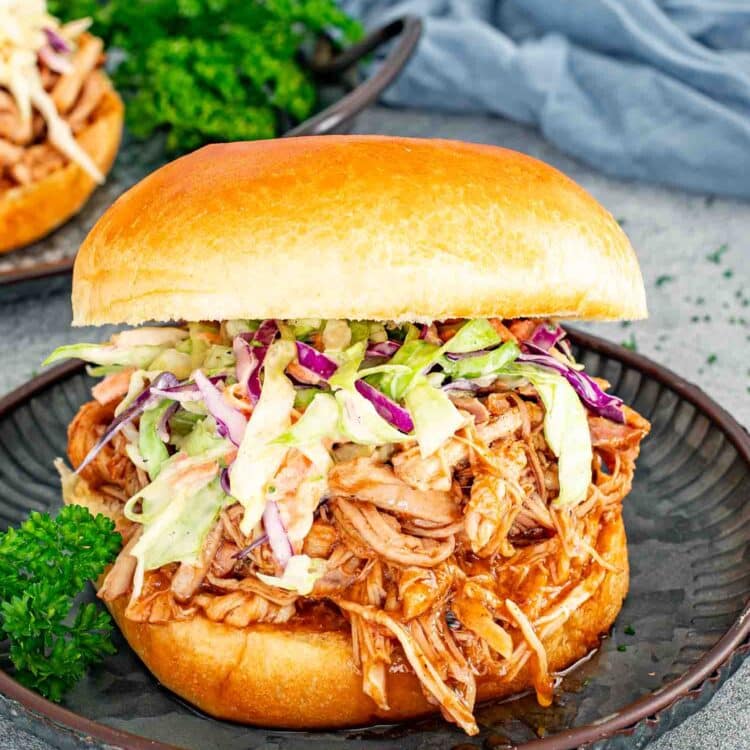 pulled pork sandwich with coleslaw on a plate.