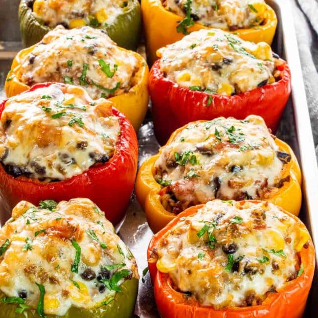 southwestern style peppers in a baking dish fresh out of the oven.
