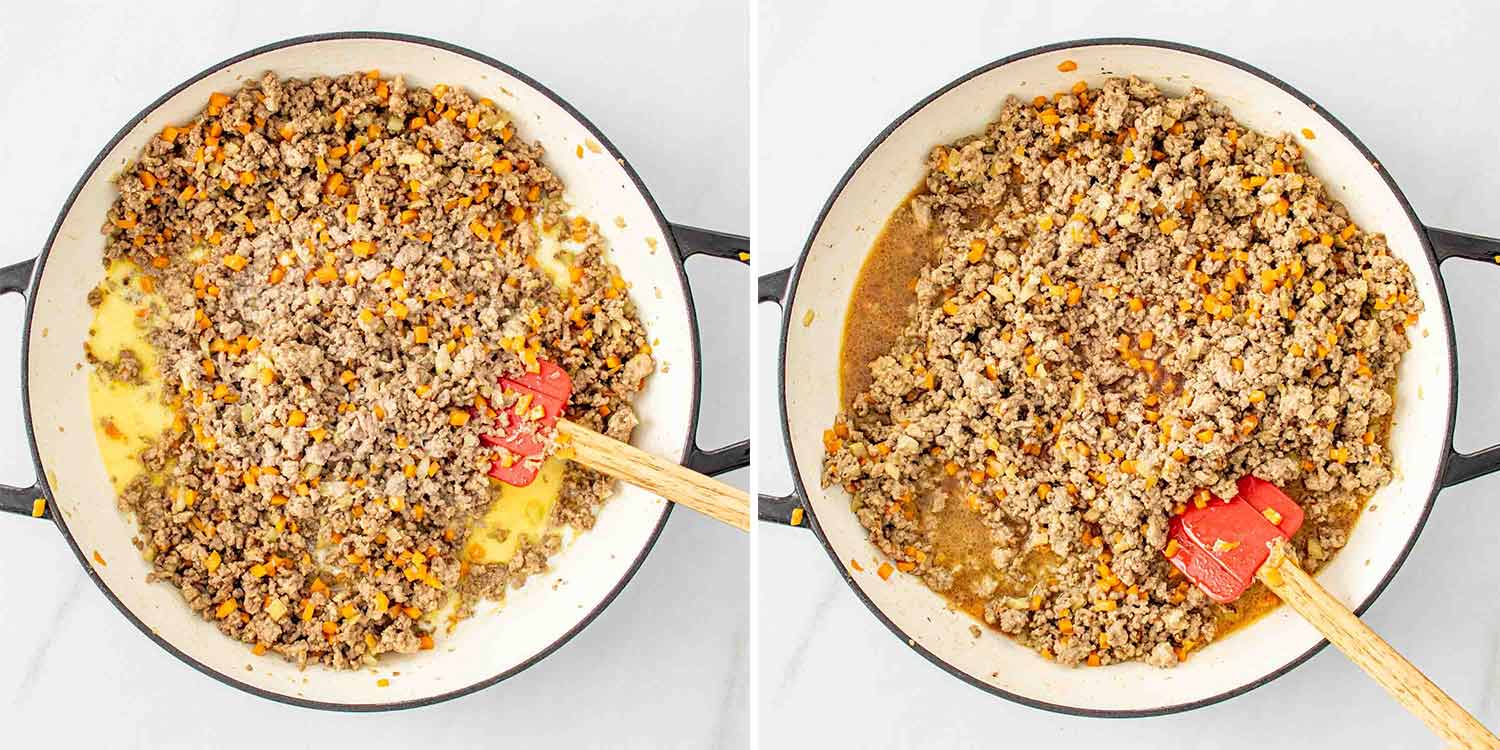 process shots showing how to make spaghetti bolognese.