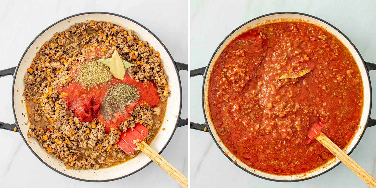 process shots showing how to make spaghetti bolognese.