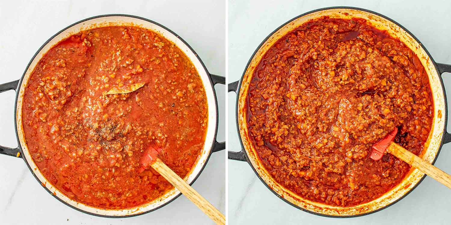 process shots showing how to make spaghetti bolognese.