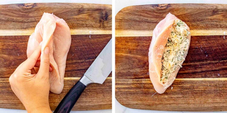 process shots showing how to make spinach and artichoke stuffed chicken.