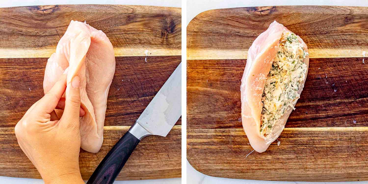 process shots showing how to make spinach and artichoke stuffed chicken.
