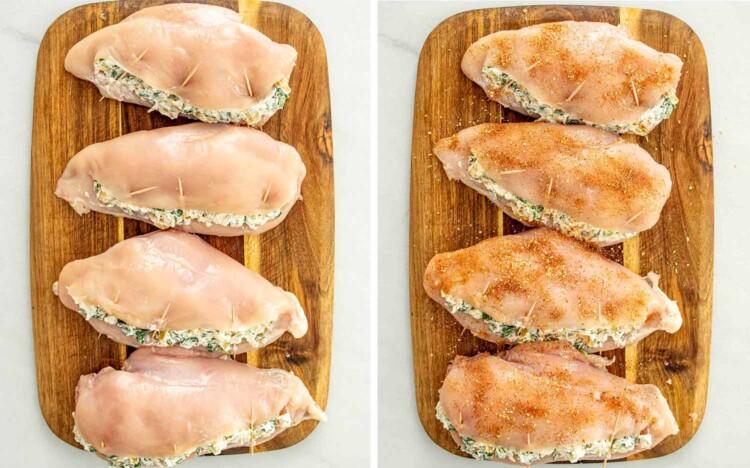 process shots showing how to make spinach and artichoke stuffed chicken.