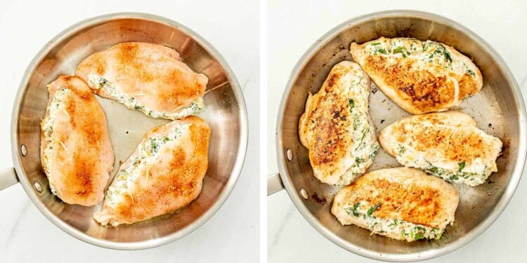 process shots showing how to make spinach and artichoke stuffed chicken.
