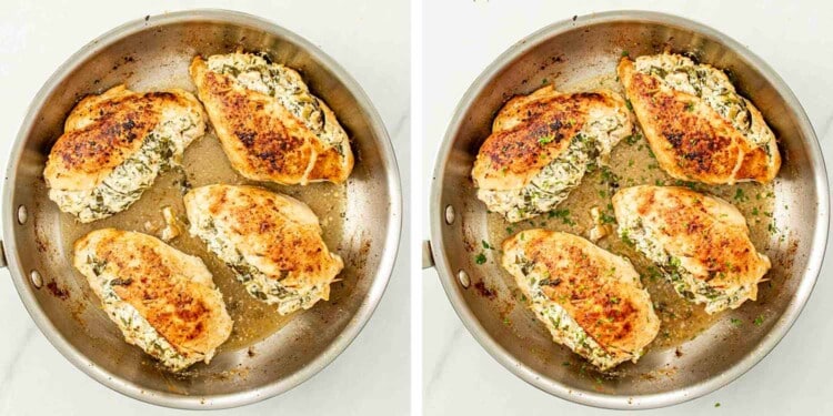 process shots showing how to make spinach and artichoke stuffed chicken.