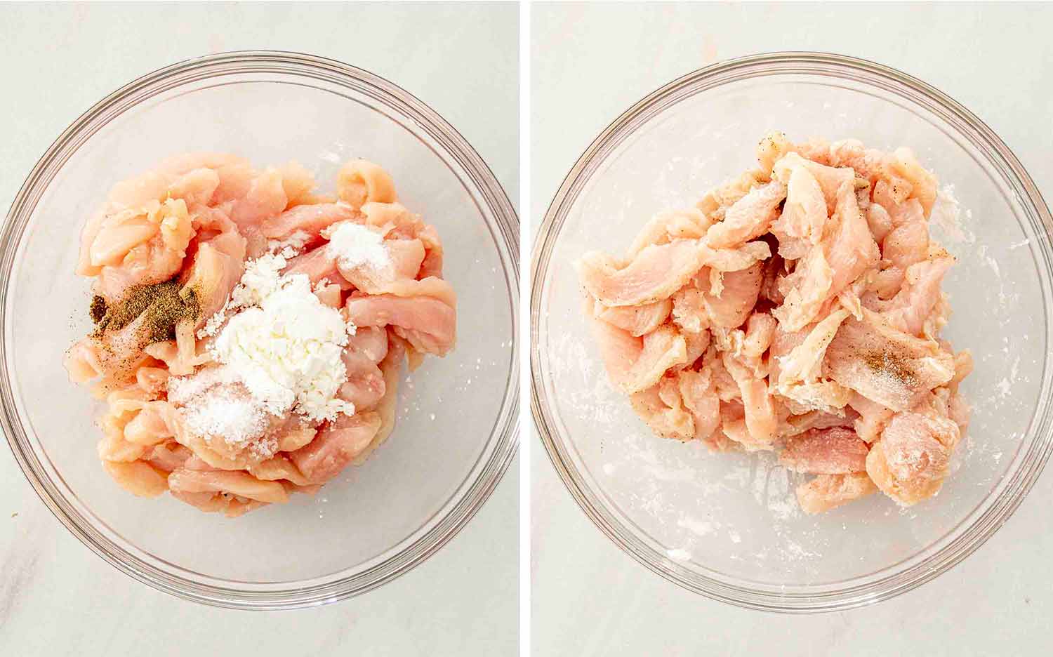 process shots showing how to make stir fried chicken and veggies in white sauce.