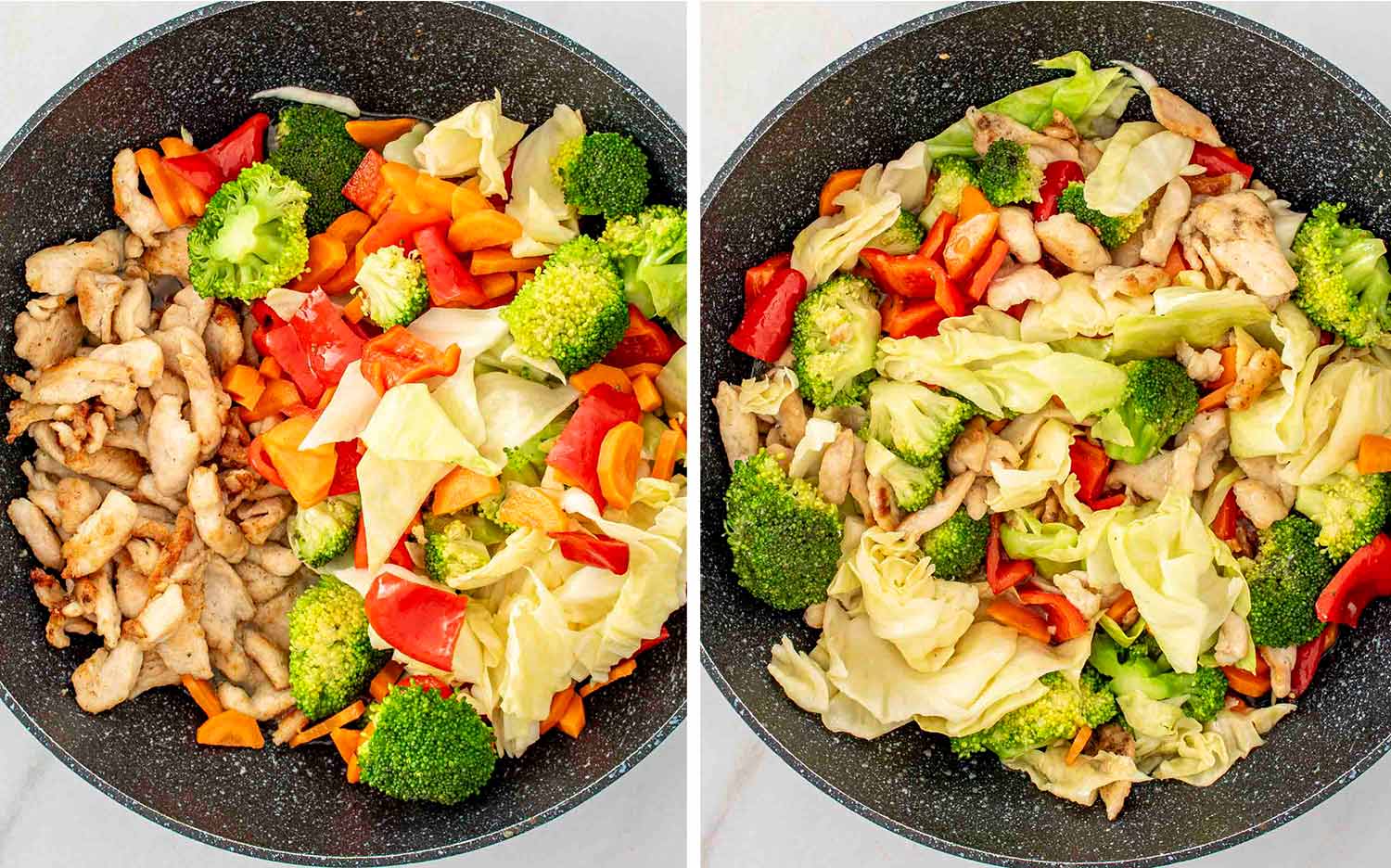 process shots showing how to make stir fried chicken and veggies in white sauce.