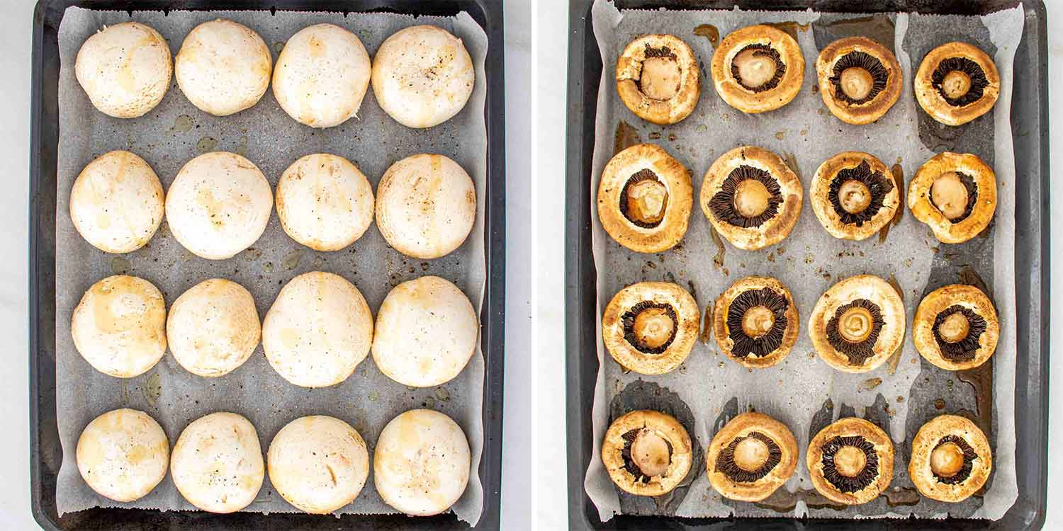process shots showing how to make stuffed mushrooms.