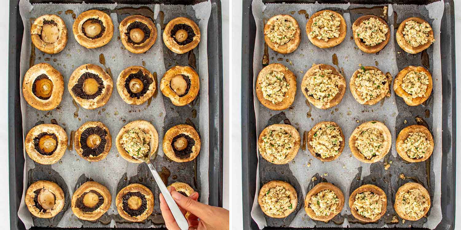process shots showing how to make stuffed mushrooms.