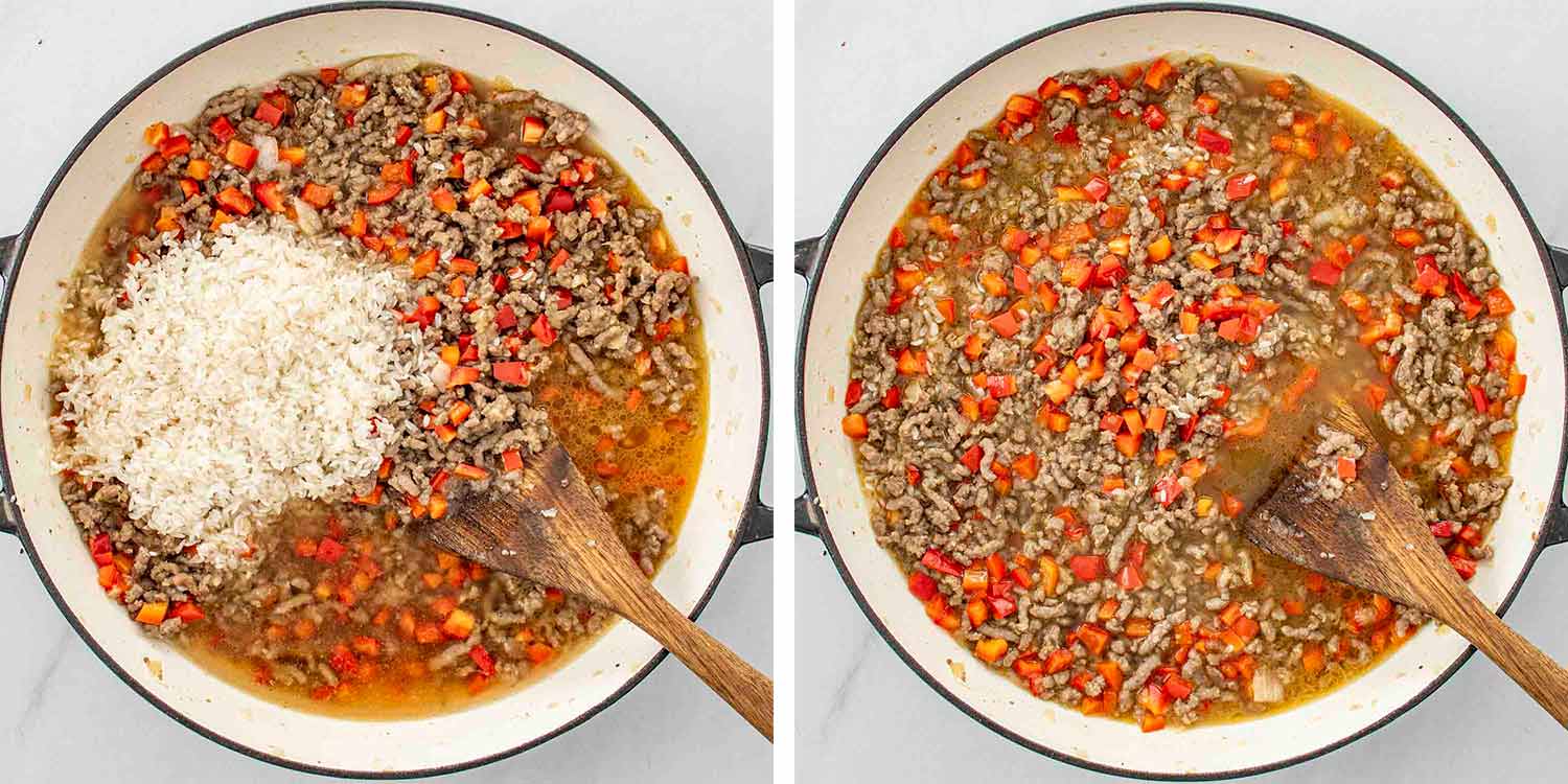 process shots showing how to make stuffed pepper casserole.