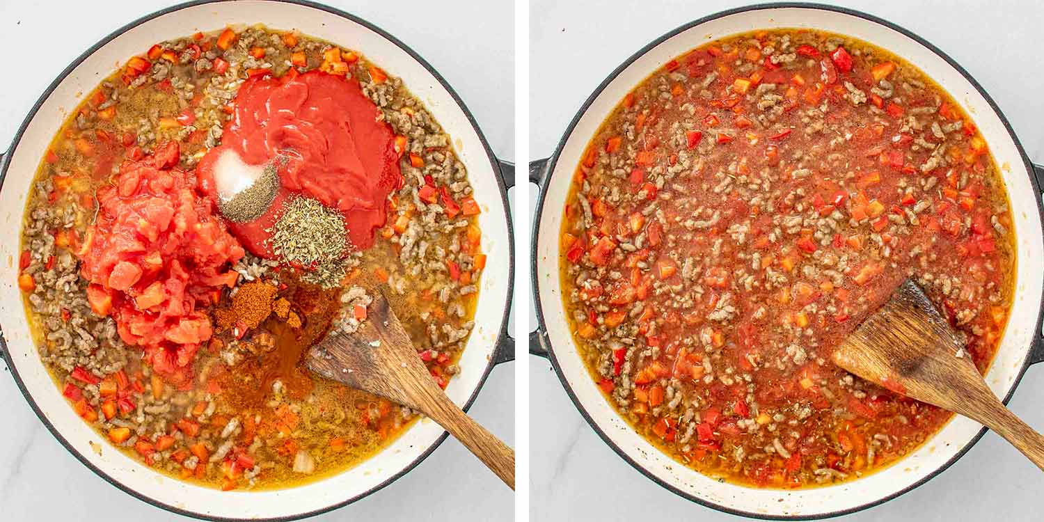 process shots showing how to make stuffed pepper casserole.
