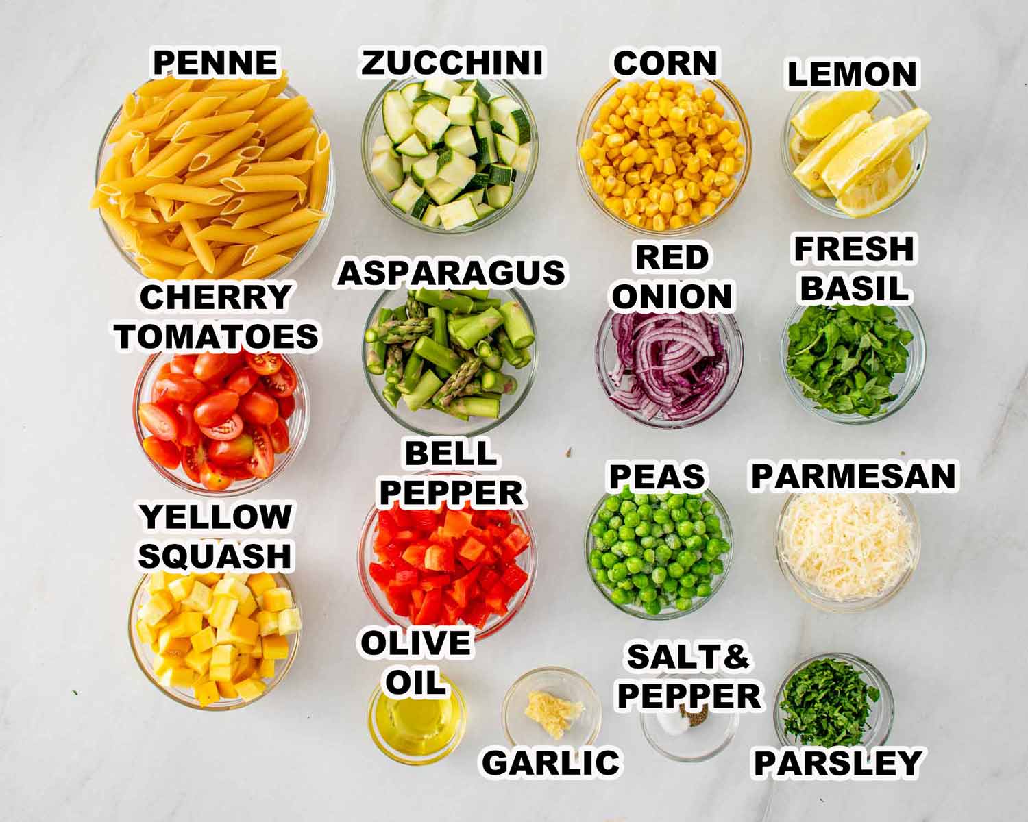 ingredients needed to make pasta primavera.