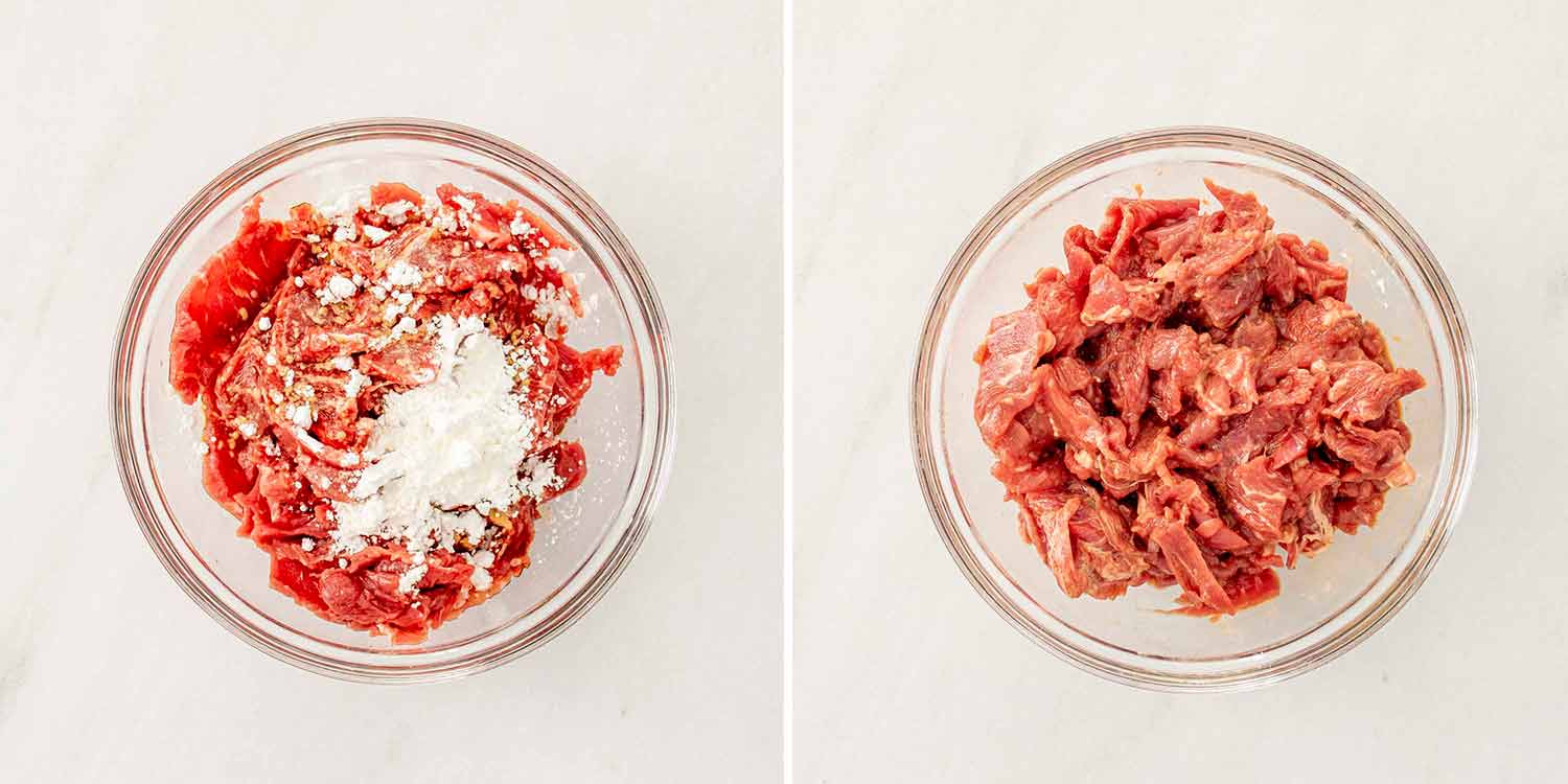process shots showing how to make szechuan beef.