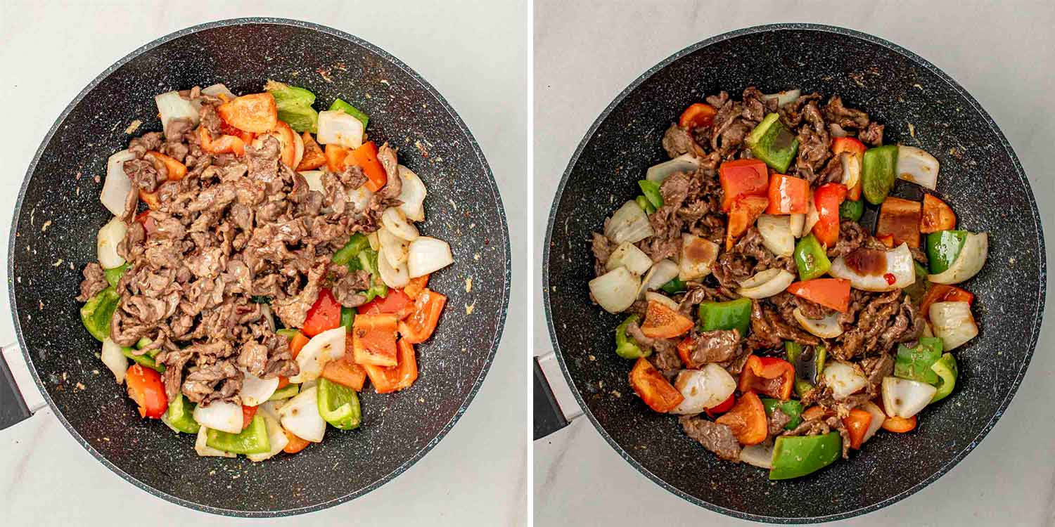 process shots showing how to make szechuan beef.