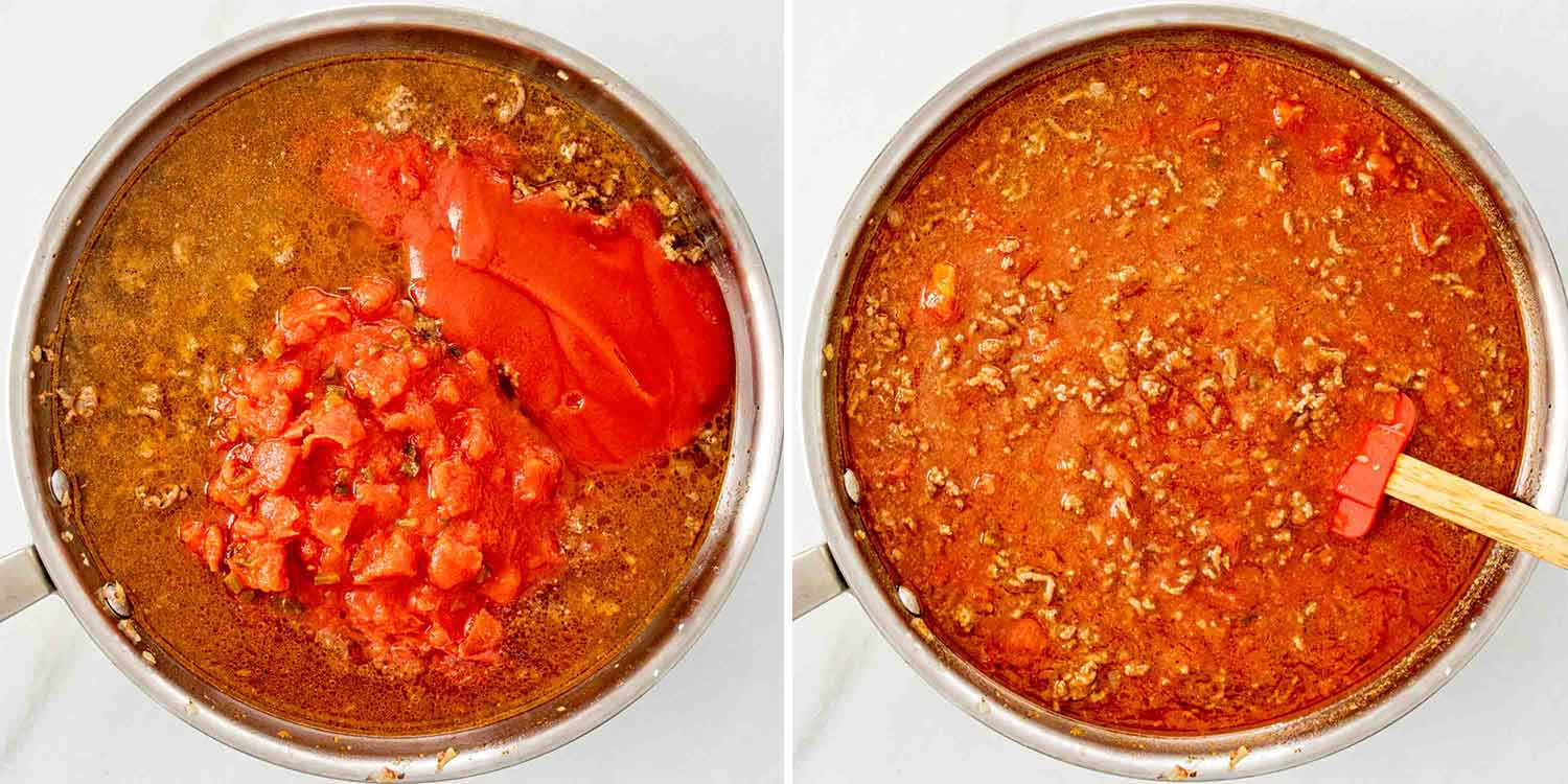 process shots showing how to make taco spaghetti.