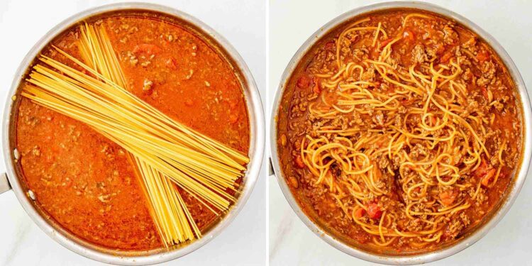 process shots showing how to make taco spaghetti.