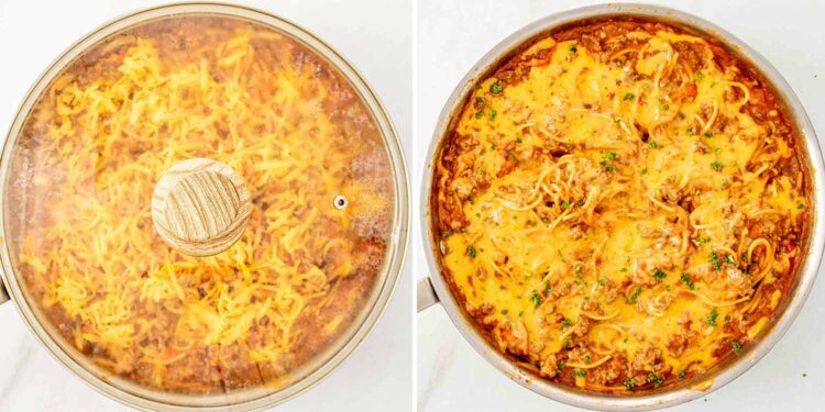 process shots showing how to make taco spaghetti.