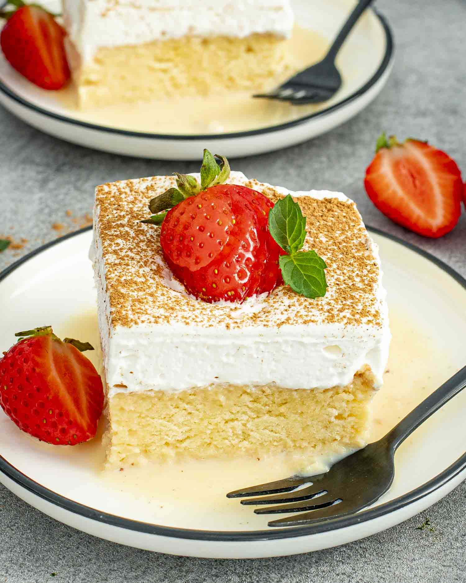 A close-up of a single slice of Tres Leches Cake, soaked perfectly, topped with cinnamon and a fresh strawberry.