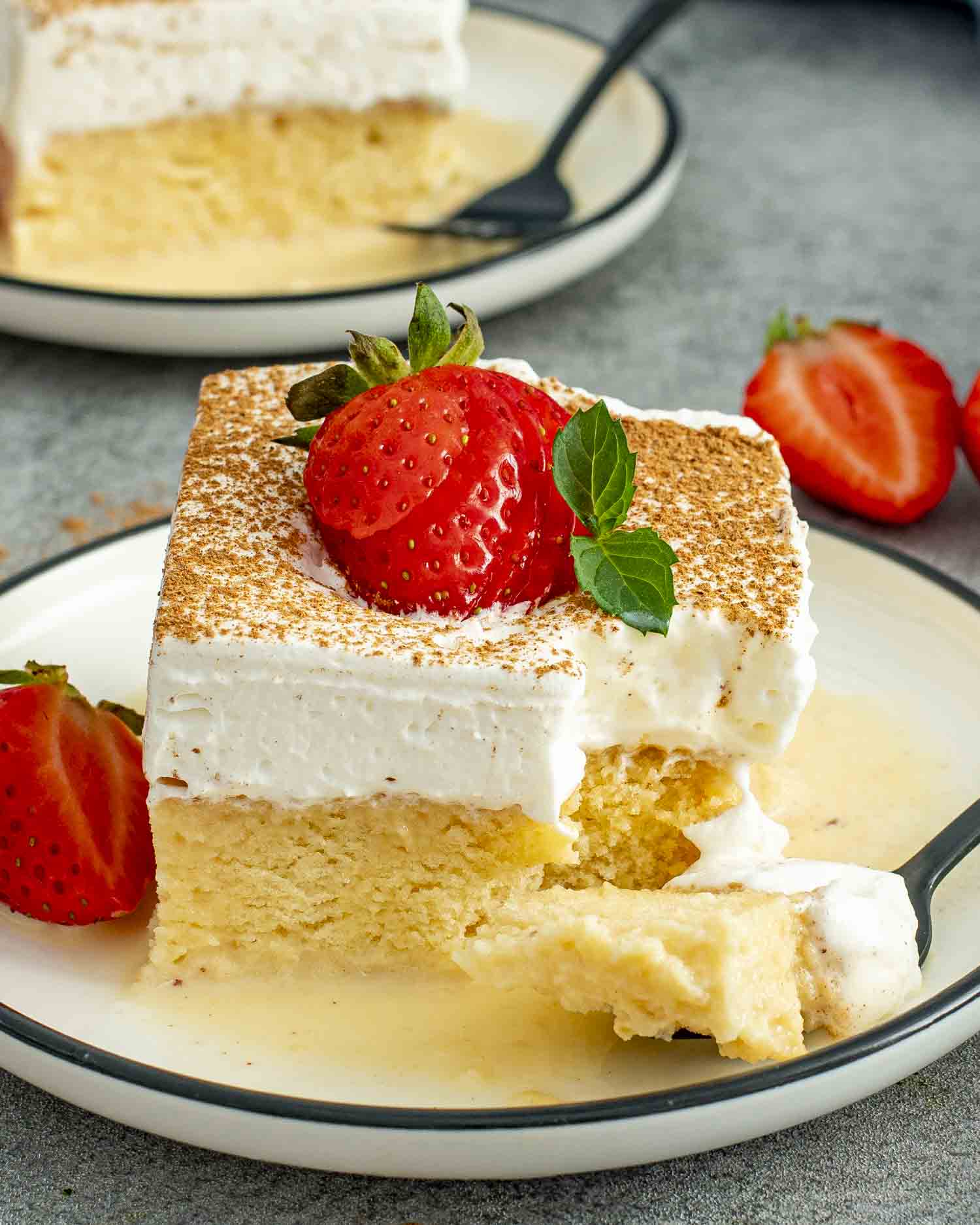 A close-up of a single slice of Tres Leches Cake, soaked perfectly, topped with cinnamon and a fresh strawberry.