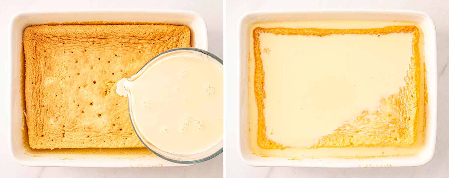 process shots showing how to make tres leches cake.