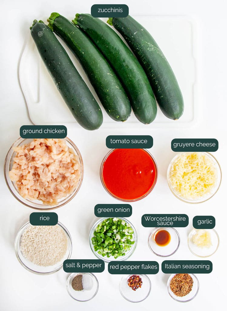 overhead shot of ingredients needed to make zucchini boats