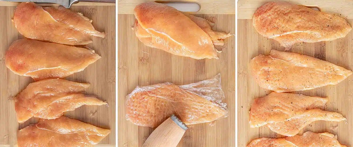 process shots showing how to make air fryer chicken katsu with tonkatsu sauce.