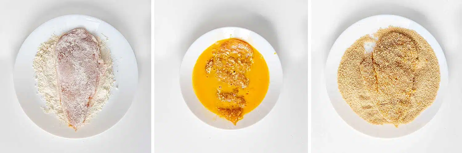 process shots showing how to make air fryer chicken katsu with tonkatsu sauce.