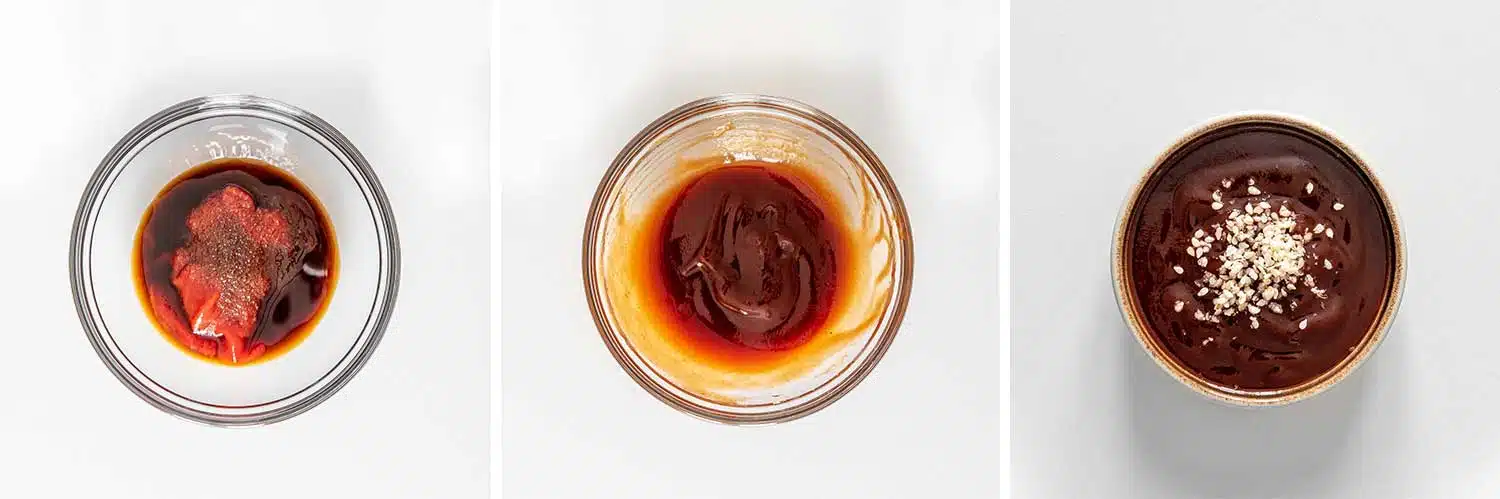 process shots showing how to make air fryer chicken katsu with tonkatsu sauce.